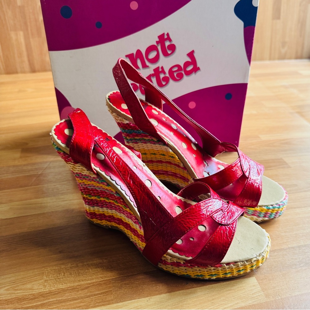 Not rated summer nights red striped wedge high heel sandals size 7.5